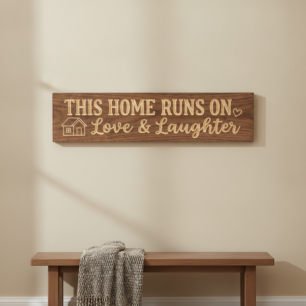 Family Room Sign — This Home Runs On Love & Laughter — styled on wall — Bluegrass Gifts