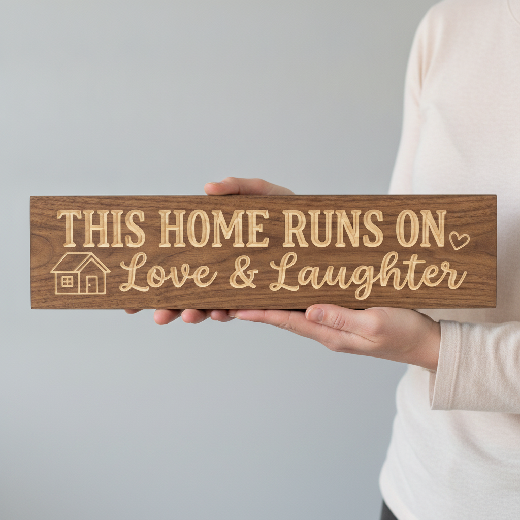 Family Room Sign — This Home Runs On Love & Laughter — shown to scale, held — Bluegrass Gifts