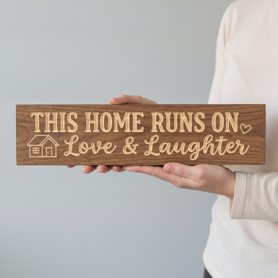 Family Room Sign — This Home Runs On Love & Laughter — shown to scale, held — Bluegrass Gifts