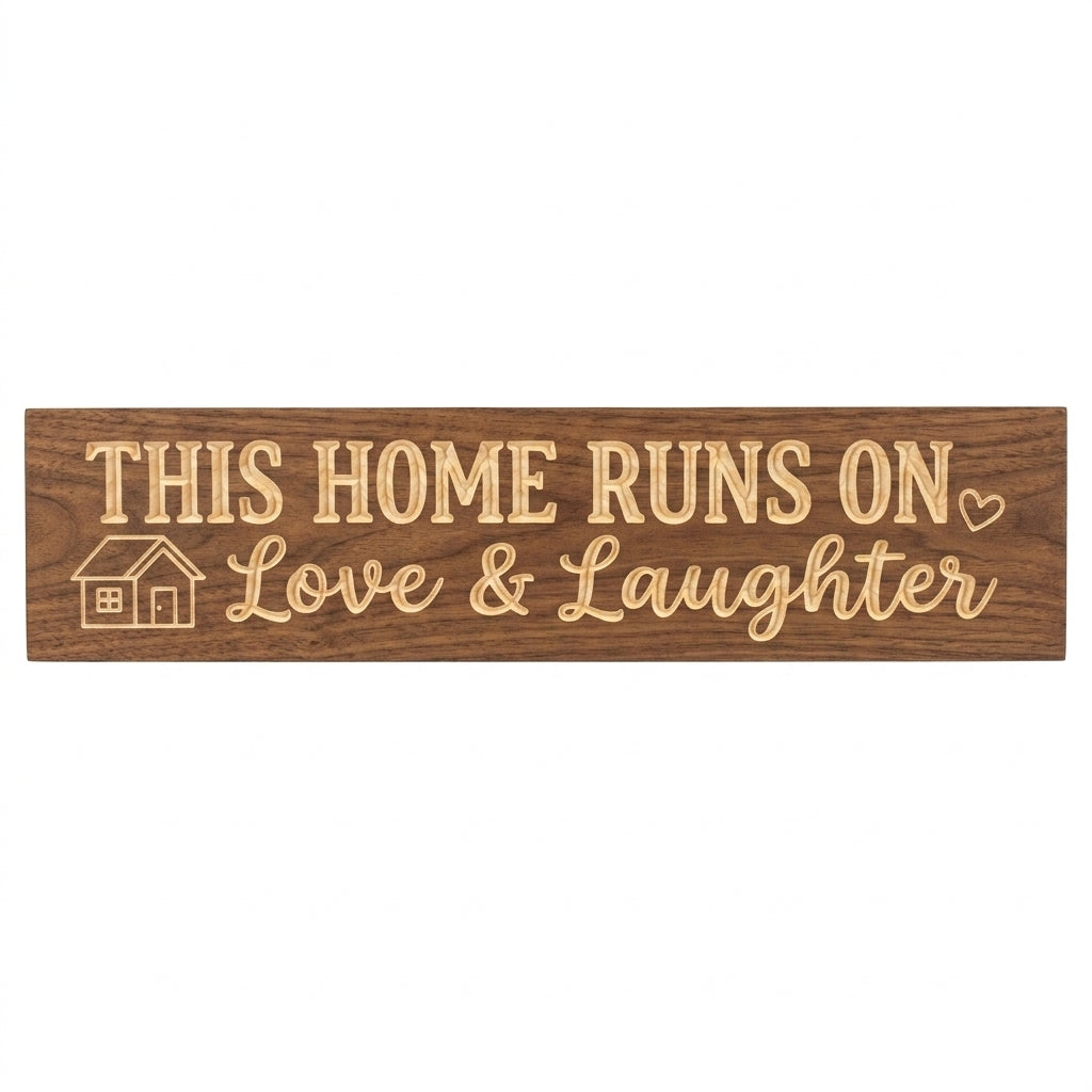 Family Room Sign — This Home Runs On Love & Laughter — carved wood sign — Bluegrass Gifts