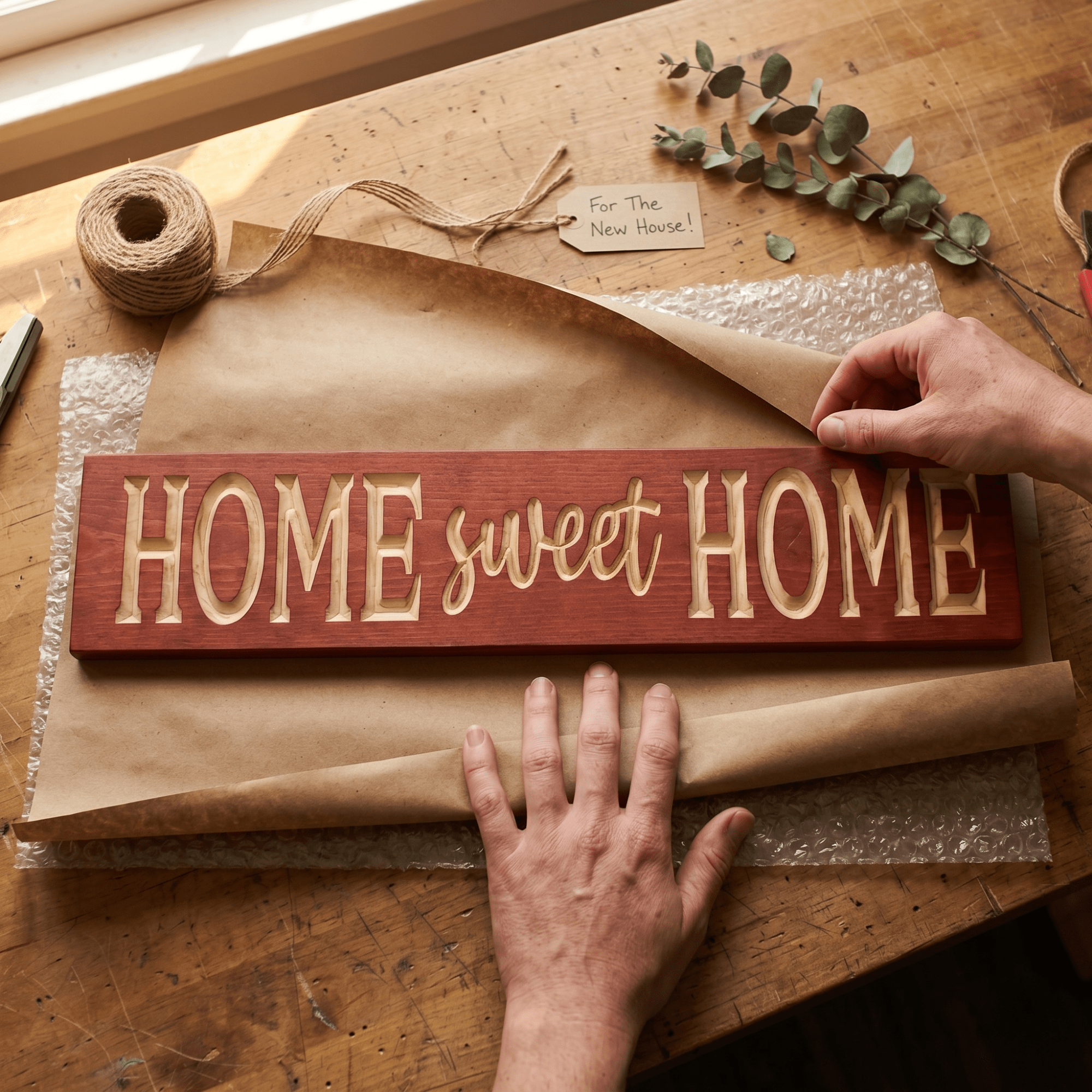 Home Sweet Home wood sign being wrapped in kraft paper with twine, eucalyptus, and a handwritten gift tag reading "For The New House" — handmade housewarming gift packaging from Bluegrass Gifts.