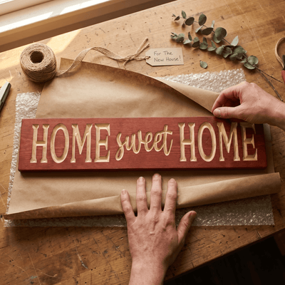 Home Sweet Home wood sign being wrapped in kraft paper with twine, eucalyptus, and a handwritten gift tag reading "For The New House" — handmade housewarming gift packaging from Bluegrass Gifts.