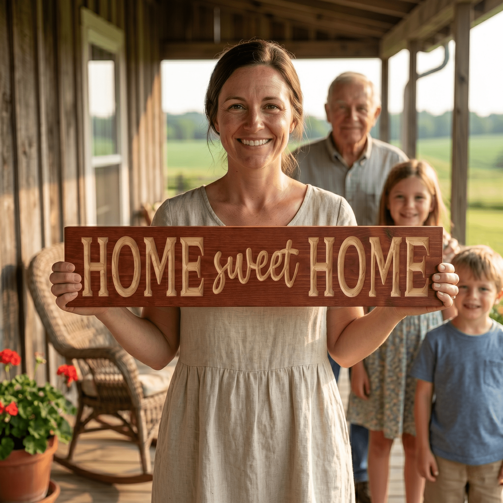 Smiling woman holding a CNC carved Home Sweet Home wood sign on a rustic Southern porch with grandfather and grandchildren — a heartfelt housewarming gift handmade in Kentucky.