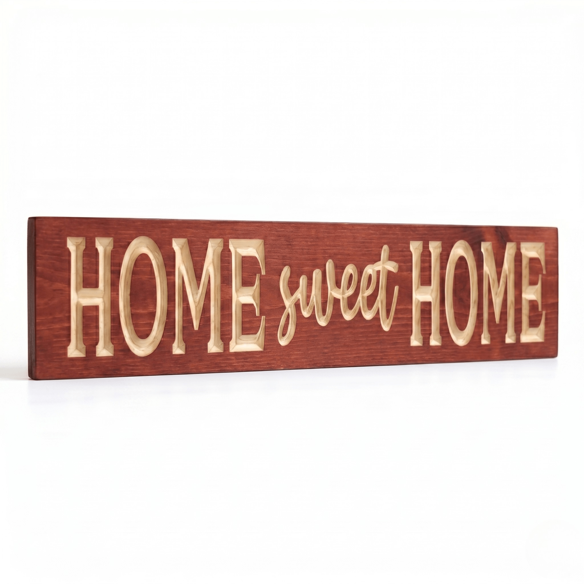 Side angle view of the Home Sweet Home wood sign showing dimensional CNC carved letters and solid wood thickness in deep cabernet stain finish.