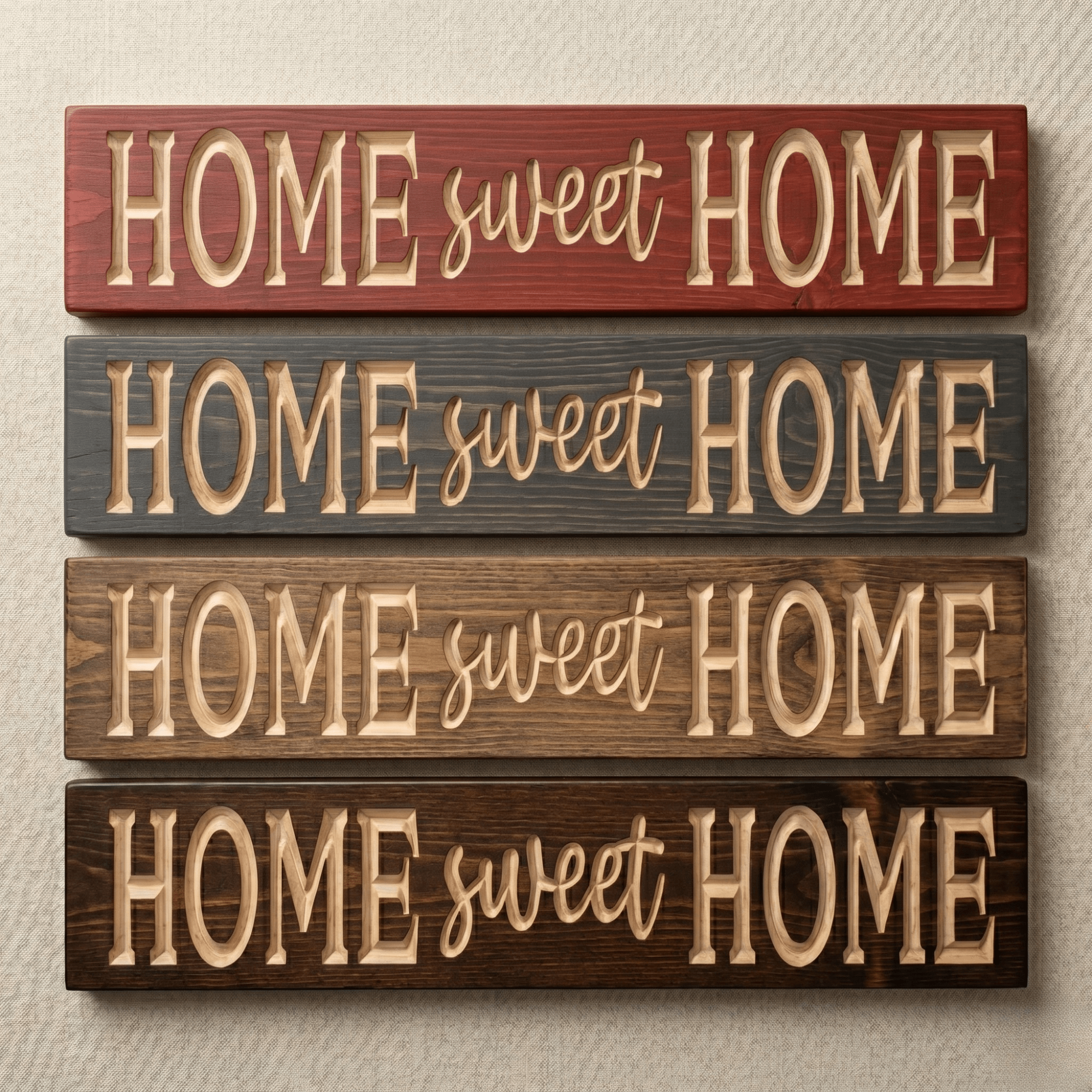 Home Sweet Home wood sign shown in four stain finish options including cabernet, weathered gray, dark walnut, and ebony — CNC carved rustic wall decor finish comparison from Bluegrass Gifts.