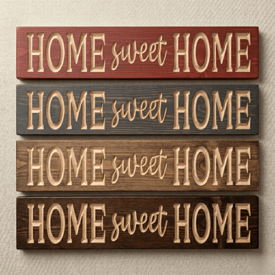 Home Sweet Home wood sign shown in four stain finish options including cabernet, weathered gray, dark walnut, and ebony — CNC carved rustic wall decor finish comparison from Bluegrass Gifts.