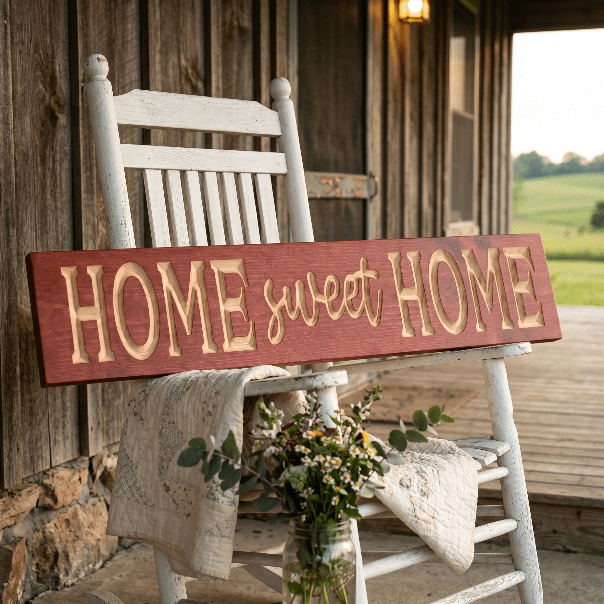 Home Sweet Home wood sign displayed on a white rocking chair on a Southern front porch with vintage quilt, mason jar of wildflowers, and weathered barn wood — rustic farmhouse styling.