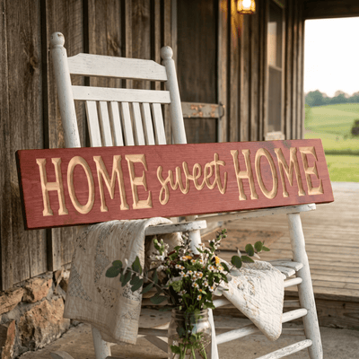 Home Sweet Home wood sign displayed on a white rocking chair on a Southern front porch with vintage quilt, mason jar of wildflowers, and weathered barn wood — rustic farmhouse styling.