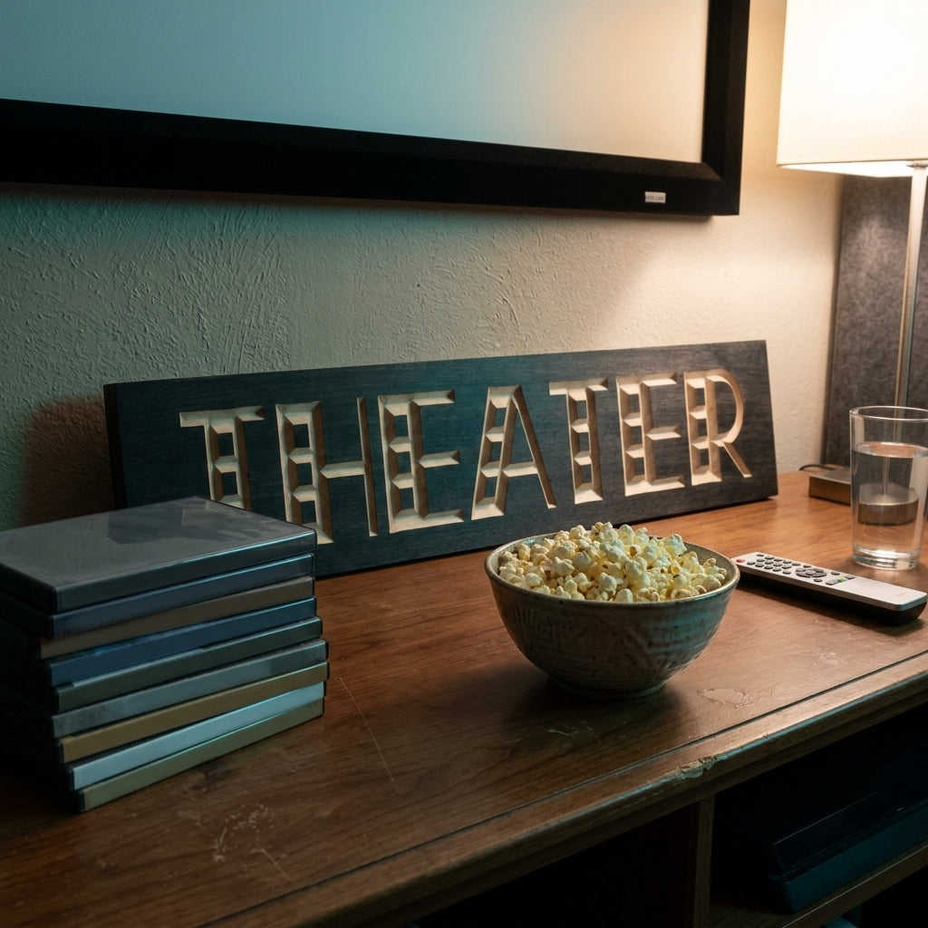 Home Theater Sign — Carved Wood Movie Room Wall Decor