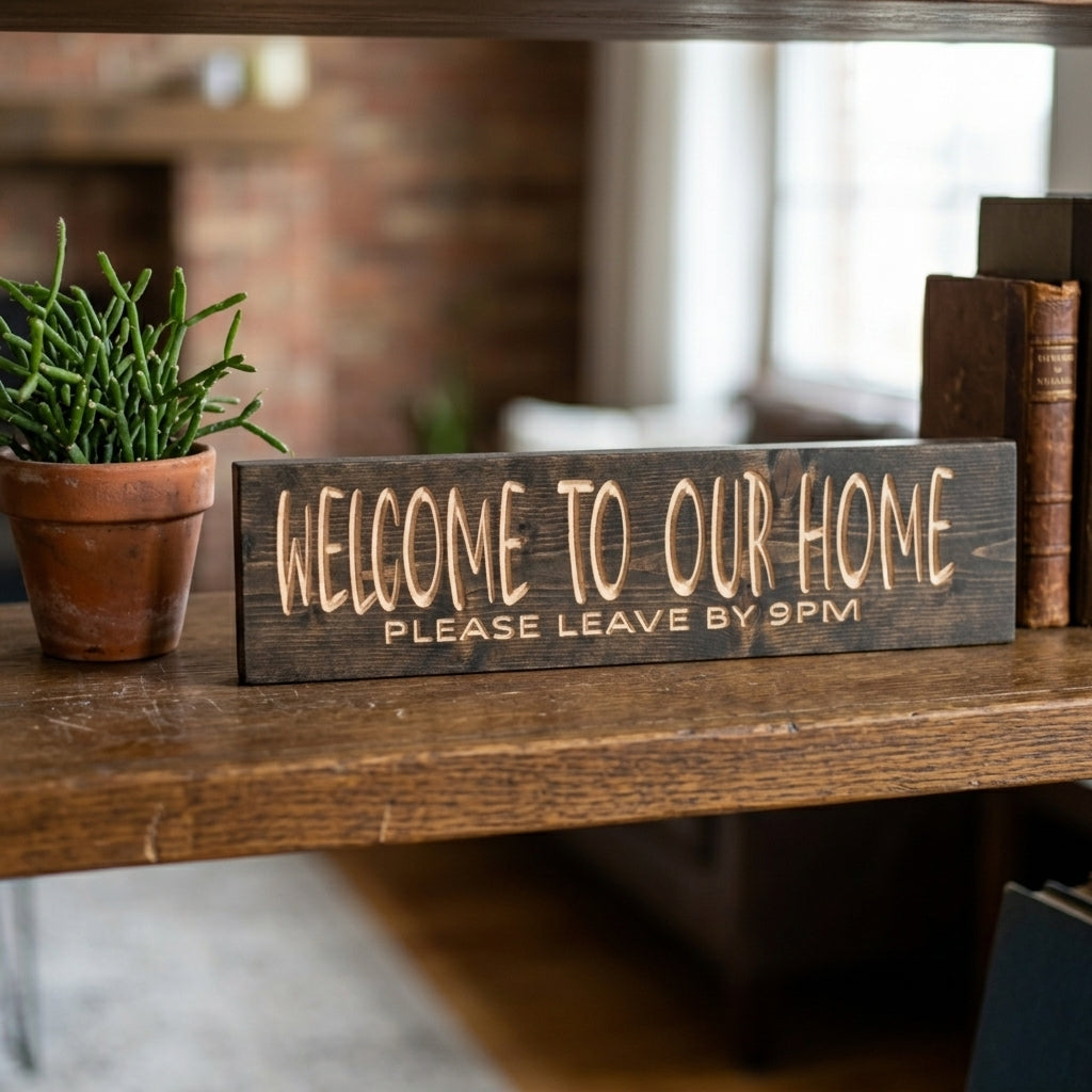 A dark Homebody Sign with carved light letters rests on a wooden shelf beside a green plant and old books, from Bluegrass Gifts