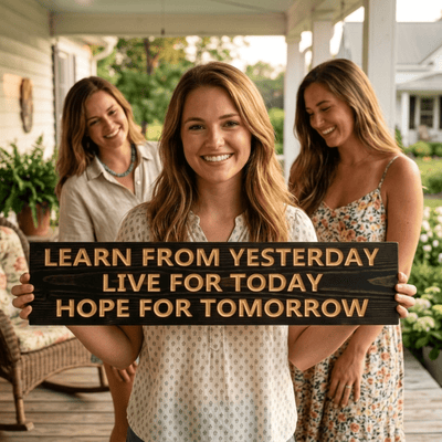 Young woman holding the Learn from Yesterday Live for Today Hope for Tomorrow handcrafted wooden sign on a Southern porch.