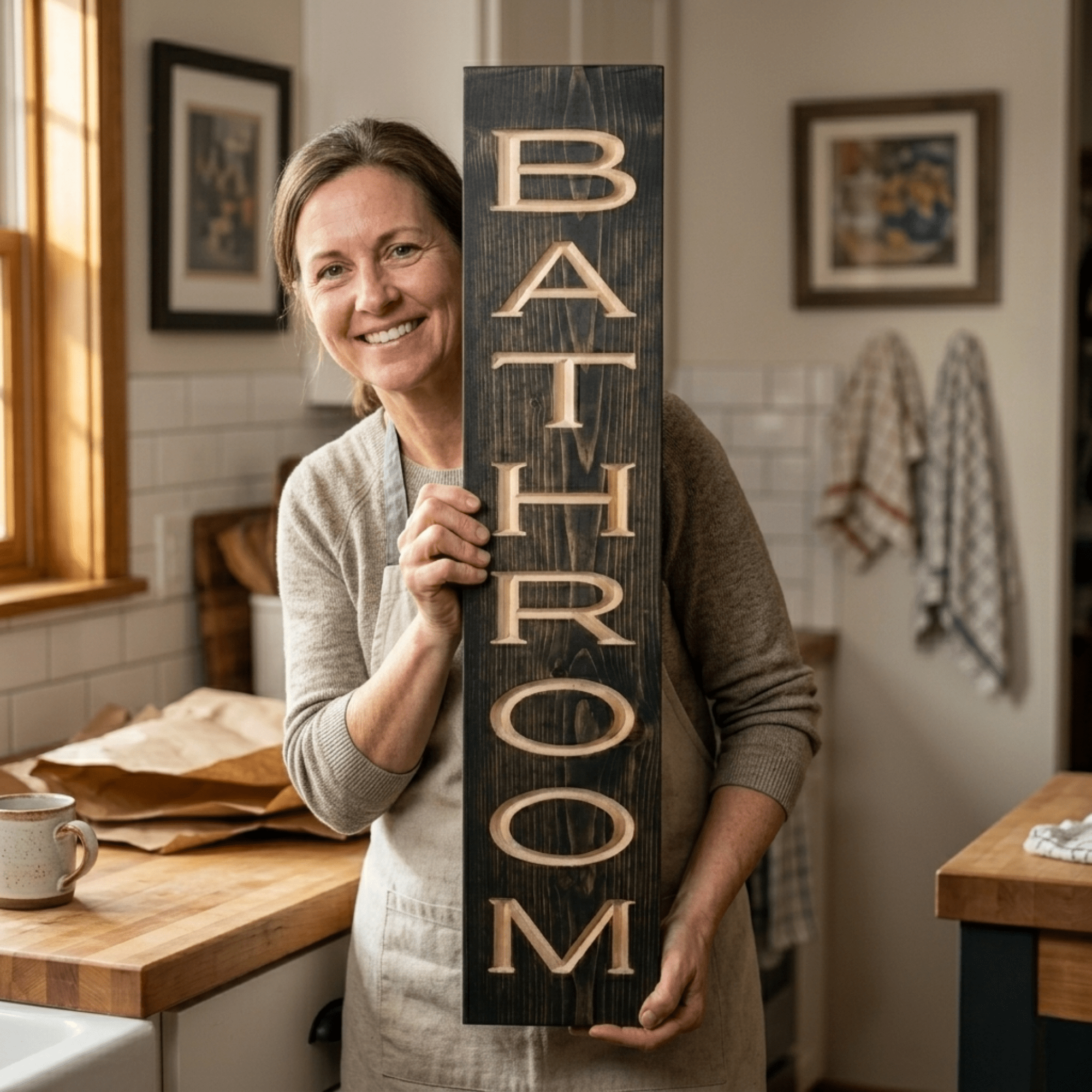 Woman holding a vertical CNC carved BATHROOM wood sign in a cottage farmhouse kitchen — a thoughtful housewarming gift handmade in Rineyville Kentucky.
