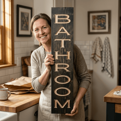 Woman holding a vertical CNC carved BATHROOM wood sign in a cottage farmhouse kitchen — a thoughtful housewarming gift handmade in Rineyville Kentucky.