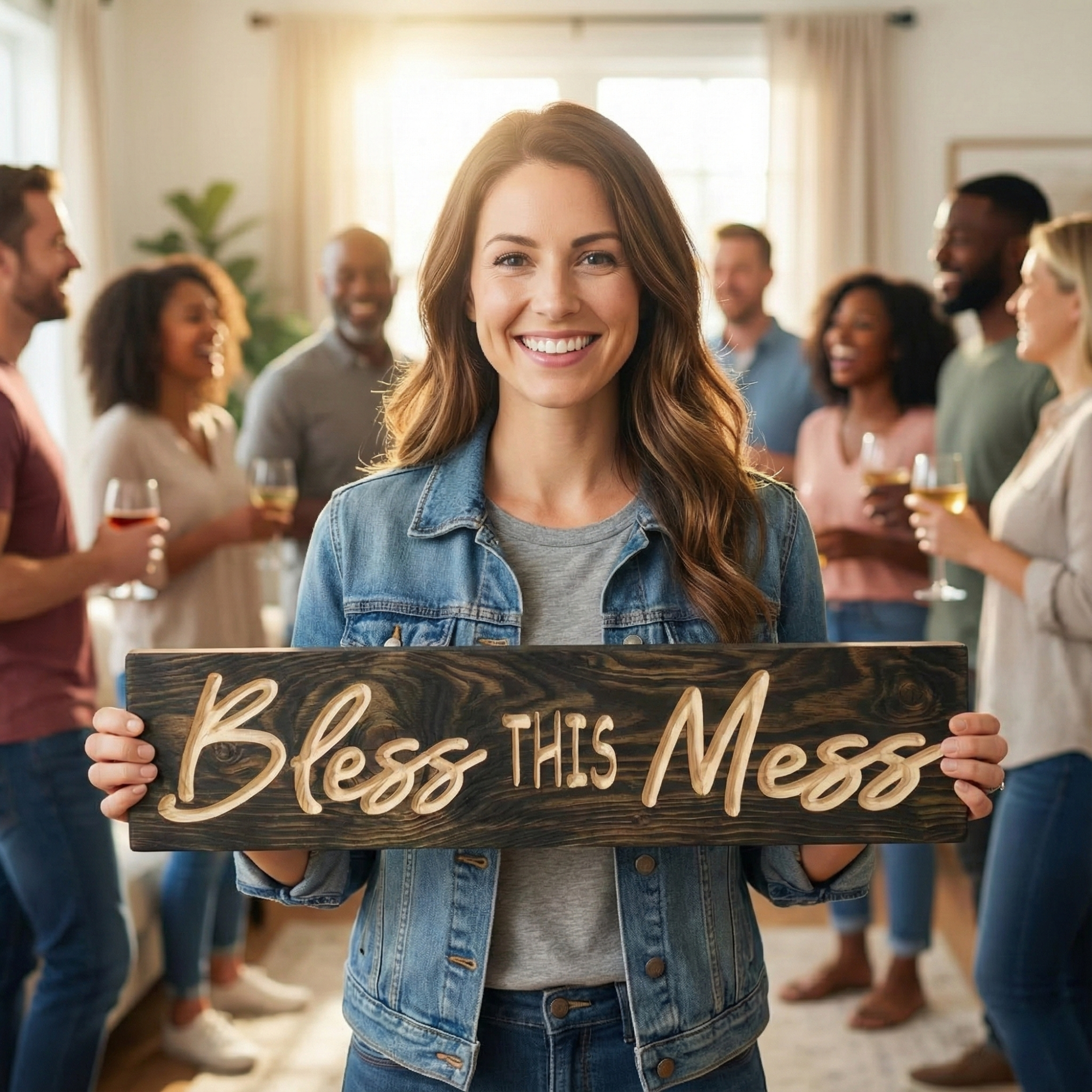 Woman holding a handmade "Bless This Mess" wooden sign at a party, perfect housewarming gift idea.