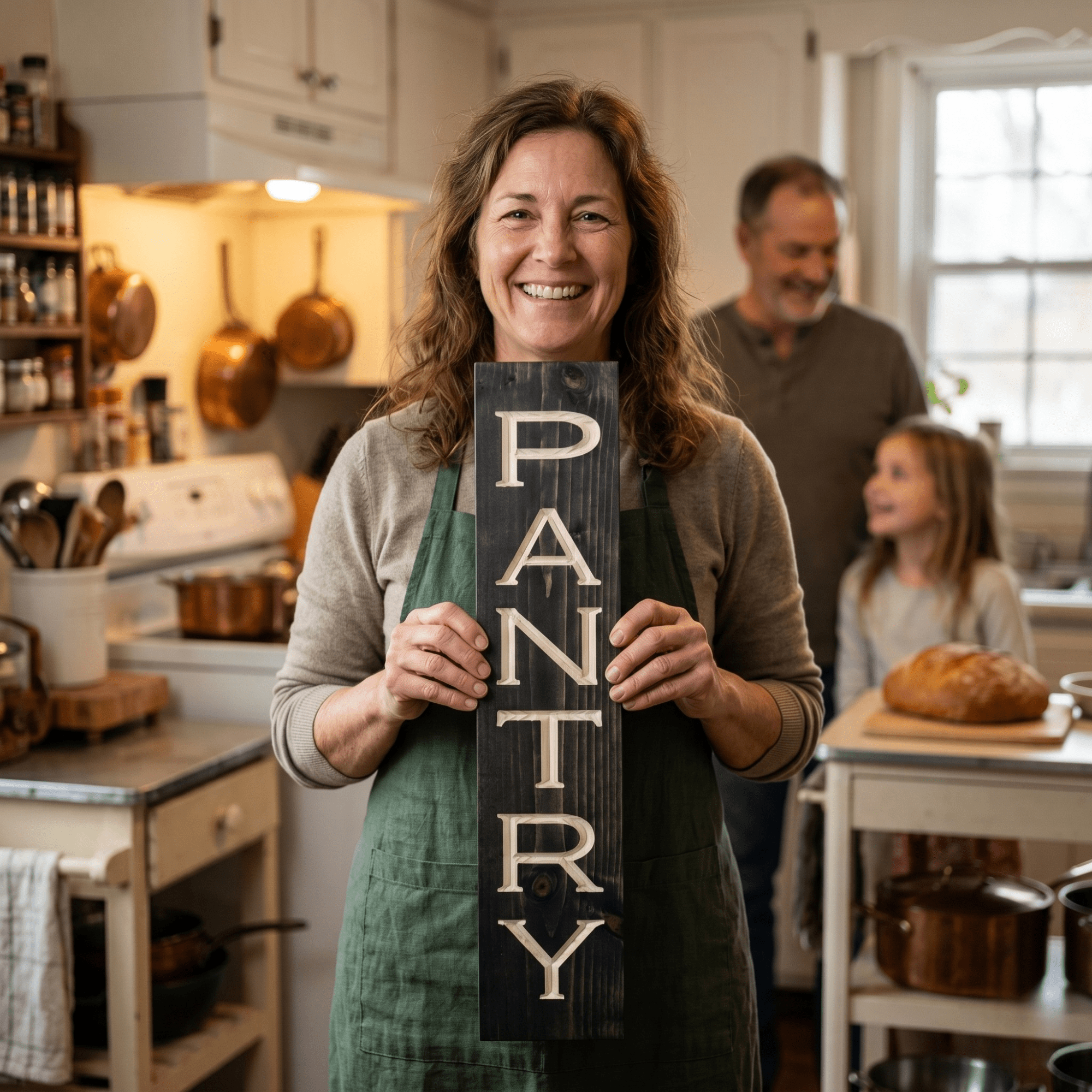 Woman holding a vertical CNC carved PANTRY wood sign in a cottage farmhouse kitchen with her family in the background — a thoughtful housewarming gift for home cooks handmade in Rineyville Kentucky.