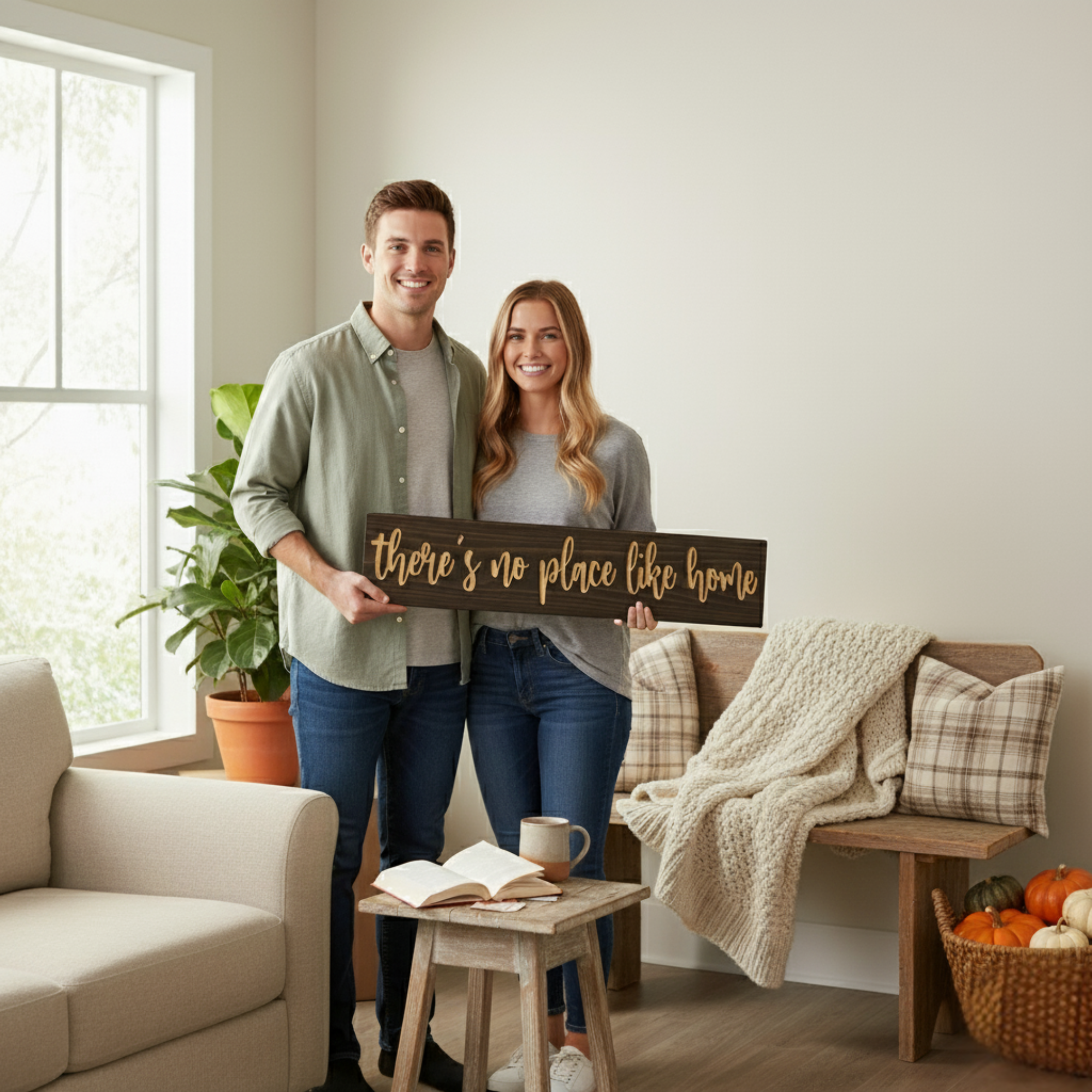 Smiling couple holding the carved wooden “There’s No Place Like Home” sign in a cozy entryway setting.