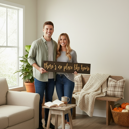 Smiling couple holding the carved wooden “There’s No Place Like Home” sign in a cozy entryway setting.