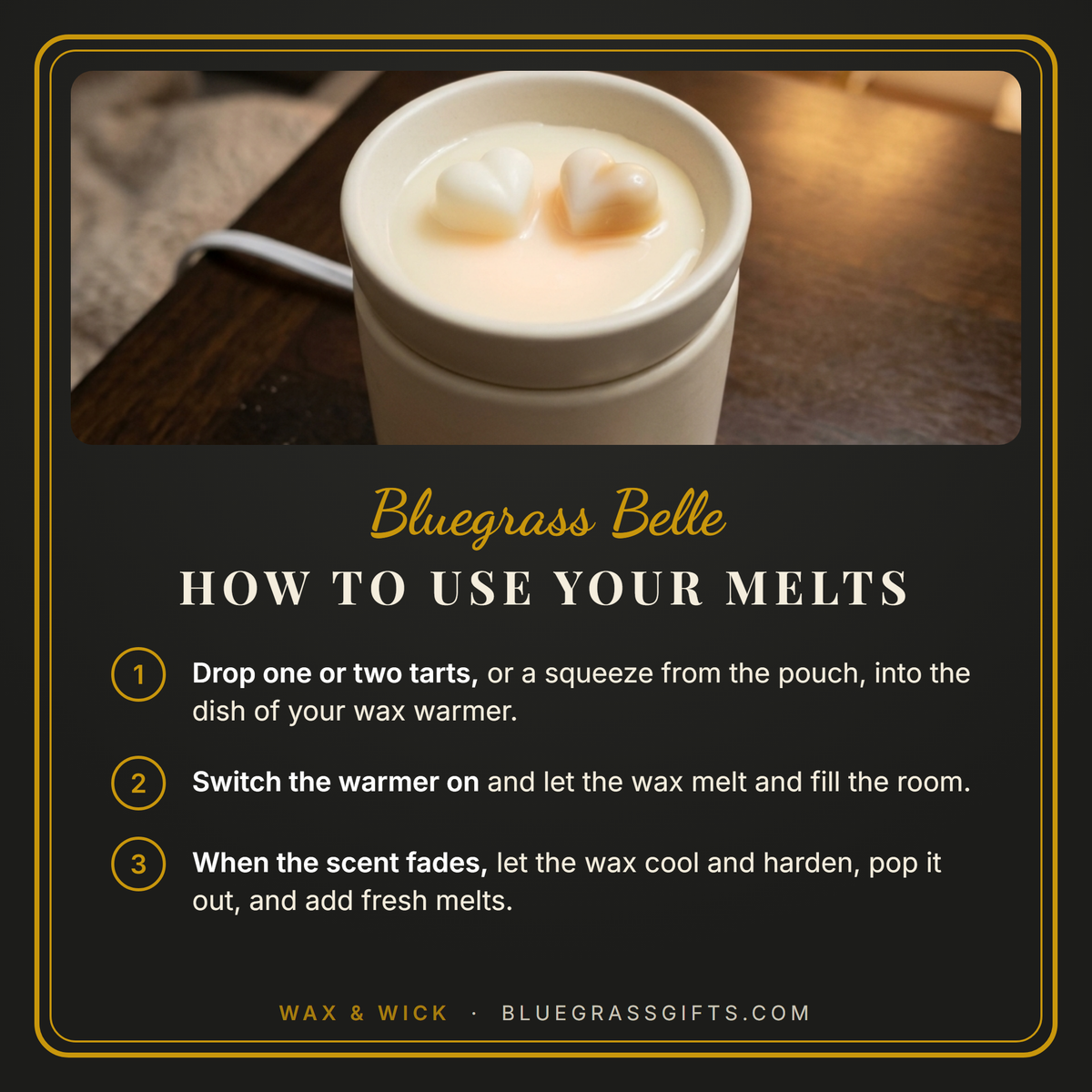 How to use wax tarts or the squeeze pouch in a warmer, in three steps