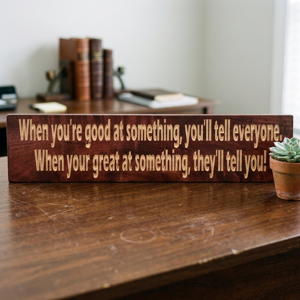 A dark stained wooden Hustle Sign sits on a desk with a small succulent, books blurred in the background from Bluegrass Gifts