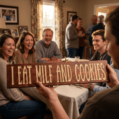I Eat MILF and Cookies Funny Gag Gift – Bachelor Party & Housewarming Sign Reaction