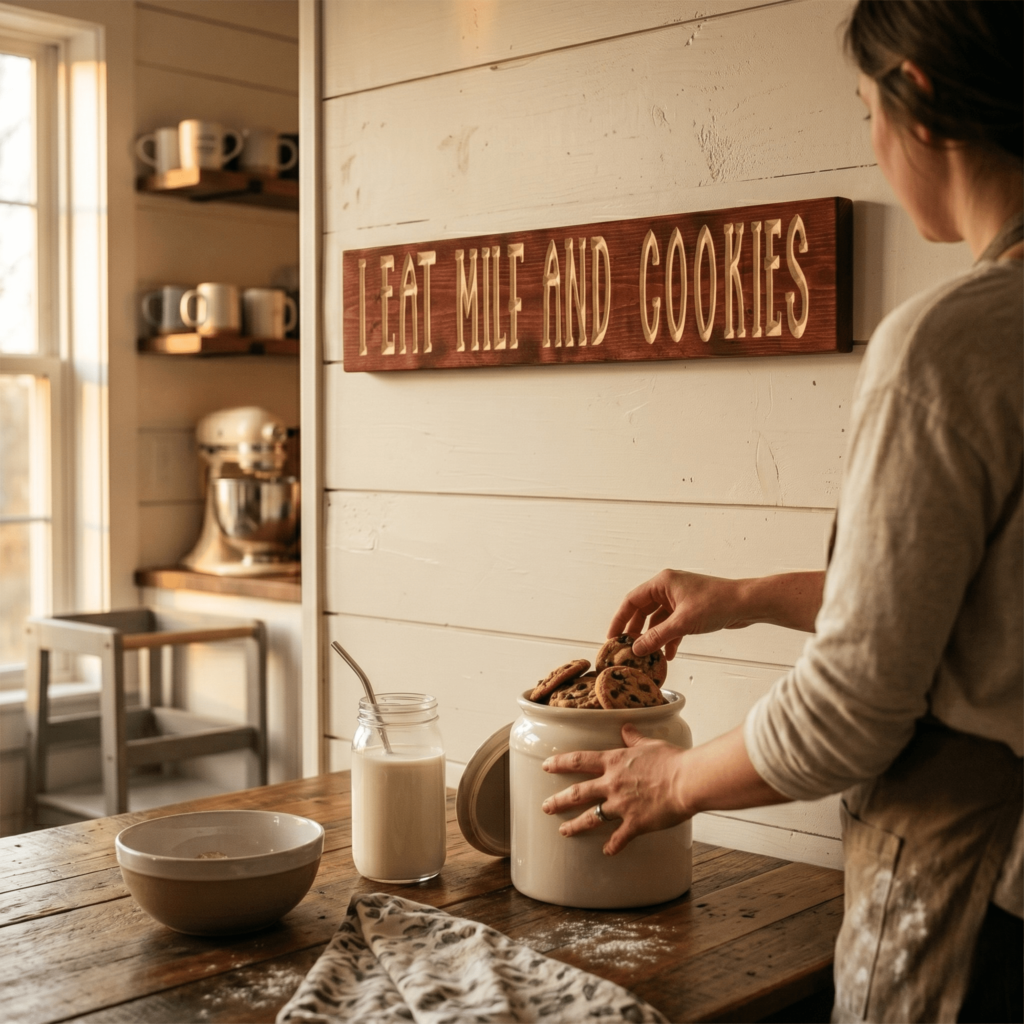 I Eat MILF and Cookies Funny Wood Sign on Kitchen Wall – Solid Pine Wall Art