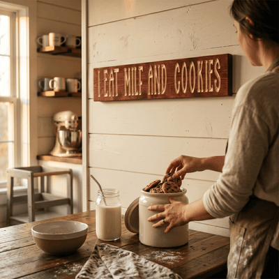I Eat MILF and Cookies Funny Wood Sign on Kitchen Wall – Solid Pine Wall Art