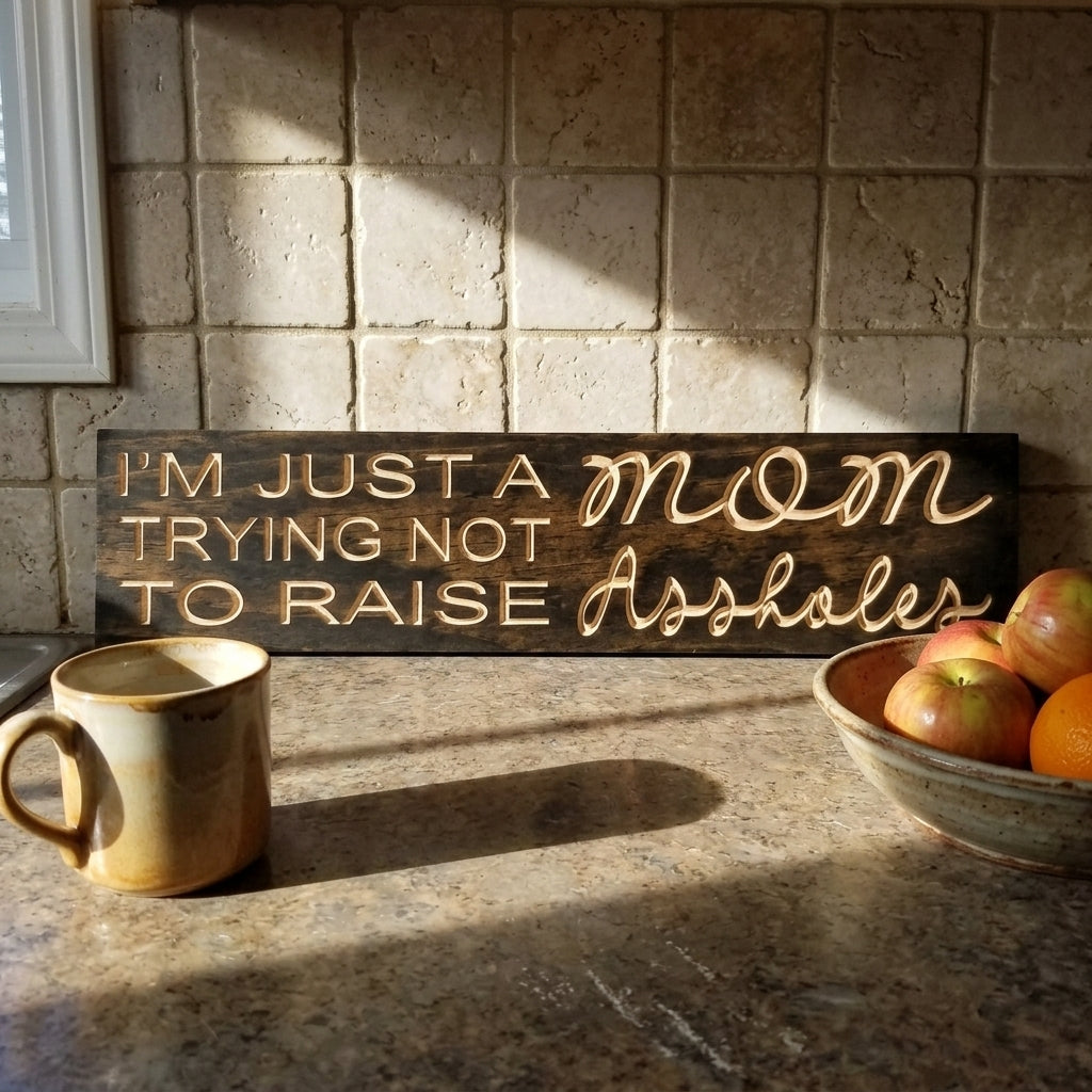 A dark wood Mom Sign with light carved letters rests on a kitchen counter next to a mug and fruit, bathed in sunlight from Bluegrass Gifts