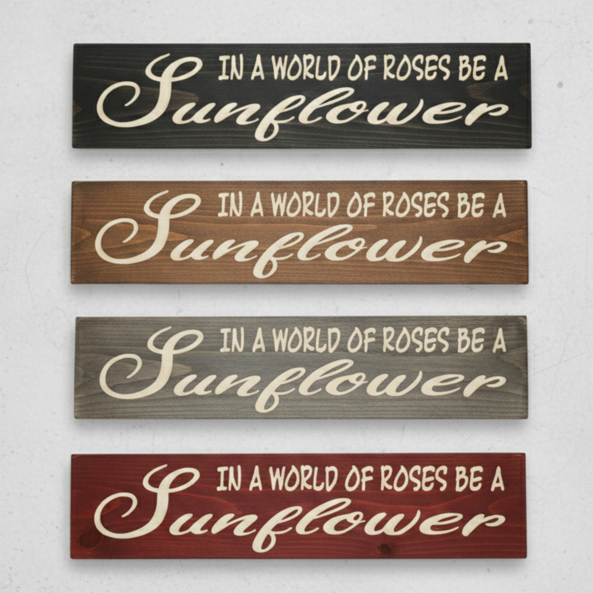 A stacked collection of four images showcasing different angles and details of the sunflower wood sign to highlight carving depth and finish quality.
