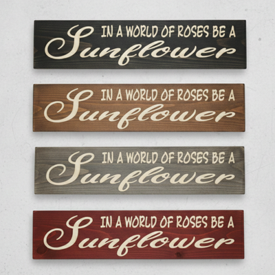 A stacked collection of four images showcasing different angles and details of the sunflower wood sign to highlight carving depth and finish quality.