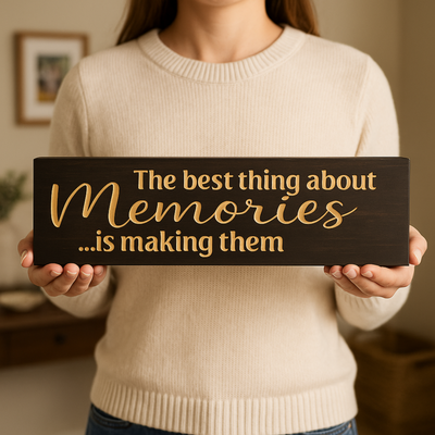 Person holding the carved memories quote sign, scale shown for gift-ready size.