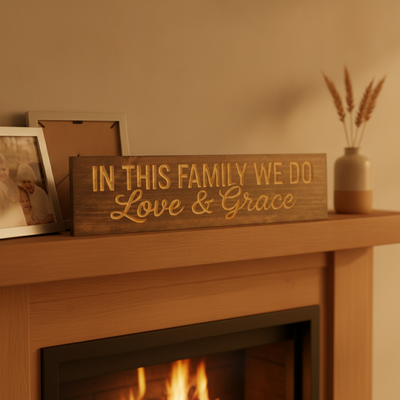 Family Rules Sign — In This Family We Do Love & Grace — styled in room — Bluegrass Gifts