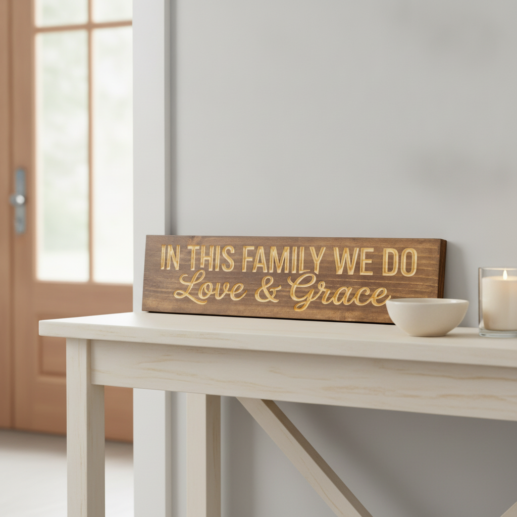 Family Rules Sign — In This Family We Do Love & Grace — styled in room — Bluegrass Gifts