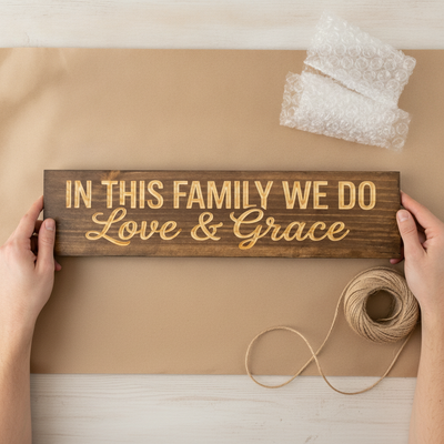 Family Rules Sign — In This Family We Do Love & Grace — gift-ready packaging — Bluegrass Gifts