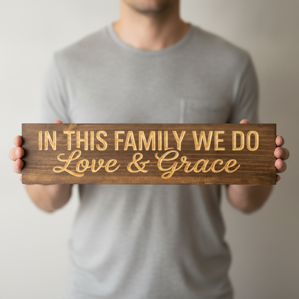 Family Rules Sign — In This Family We Do Love & Grace — shown to scale, held — Bluegrass Gifts