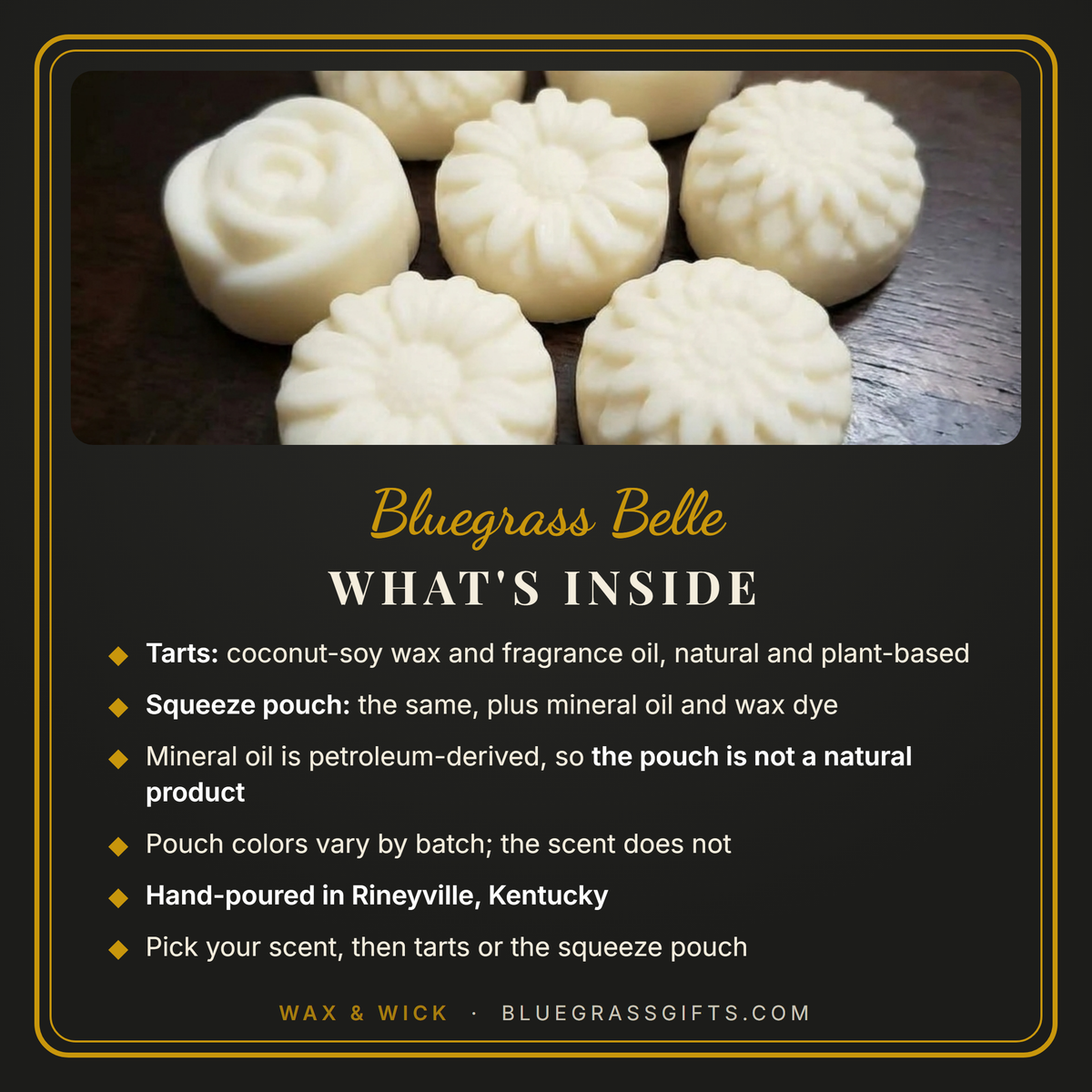 What is inside Bluegrass Belle wax melts: natural coconut-soy tarts, and a squeeze pouch with mineral oil and wax dye that is not a natural product