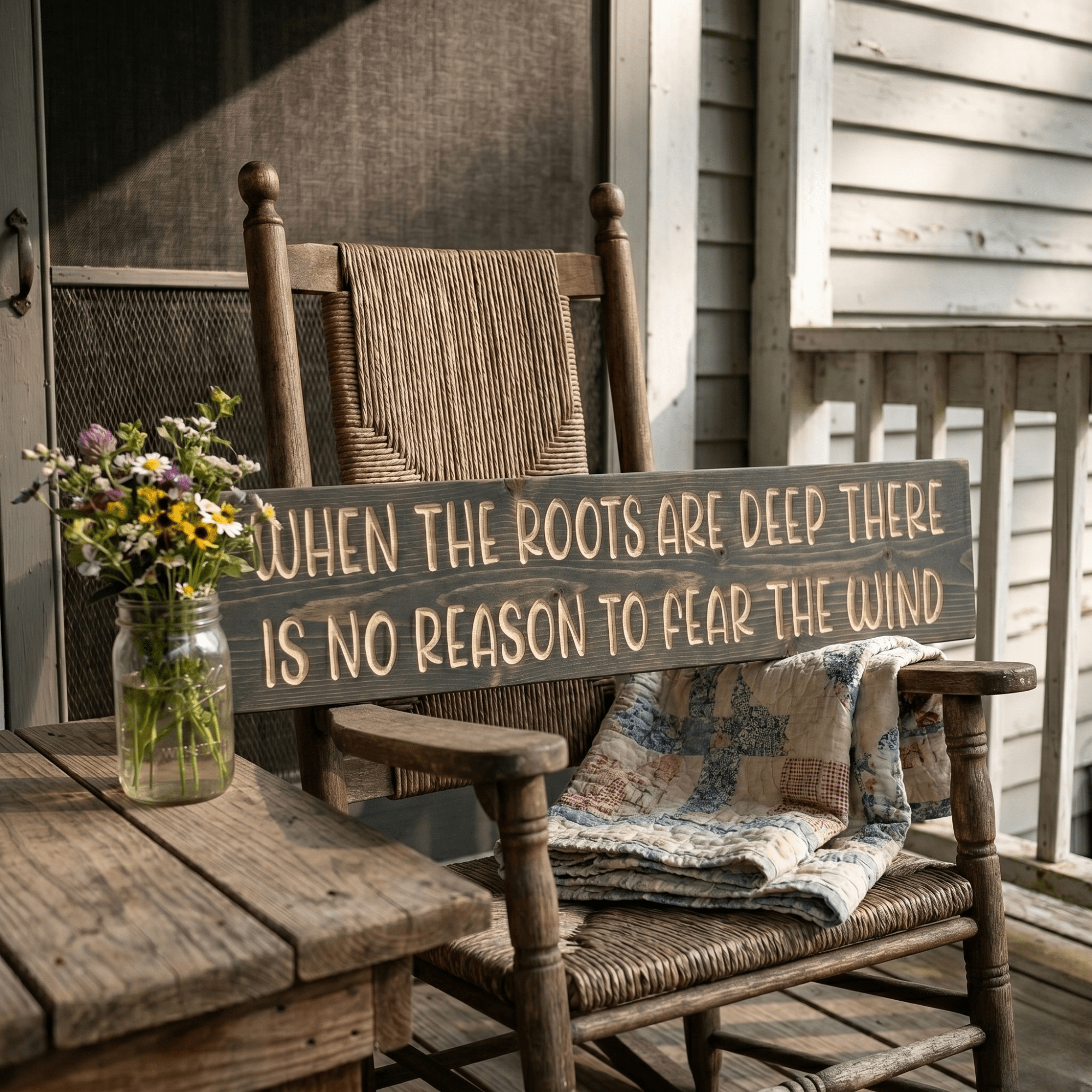 When the Roots Are Deep wood sign displayed on rustic front porch rocking chair with vintage quilt, wildflowers, and mason jar — handmade Kentucky decor