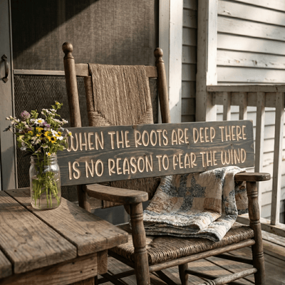 When the Roots Are Deep wood sign displayed on rustic front porch rocking chair with vintage quilt, wildflowers, and mason jar — handmade Kentucky decor