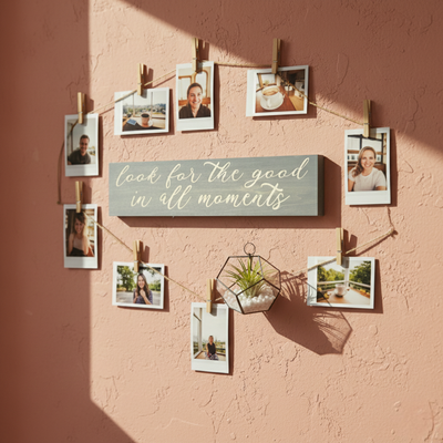 A creative wall display featuring the Bluegrass Gifts "Look for the good" sign surrounded by hanging family photos and a terrarium.