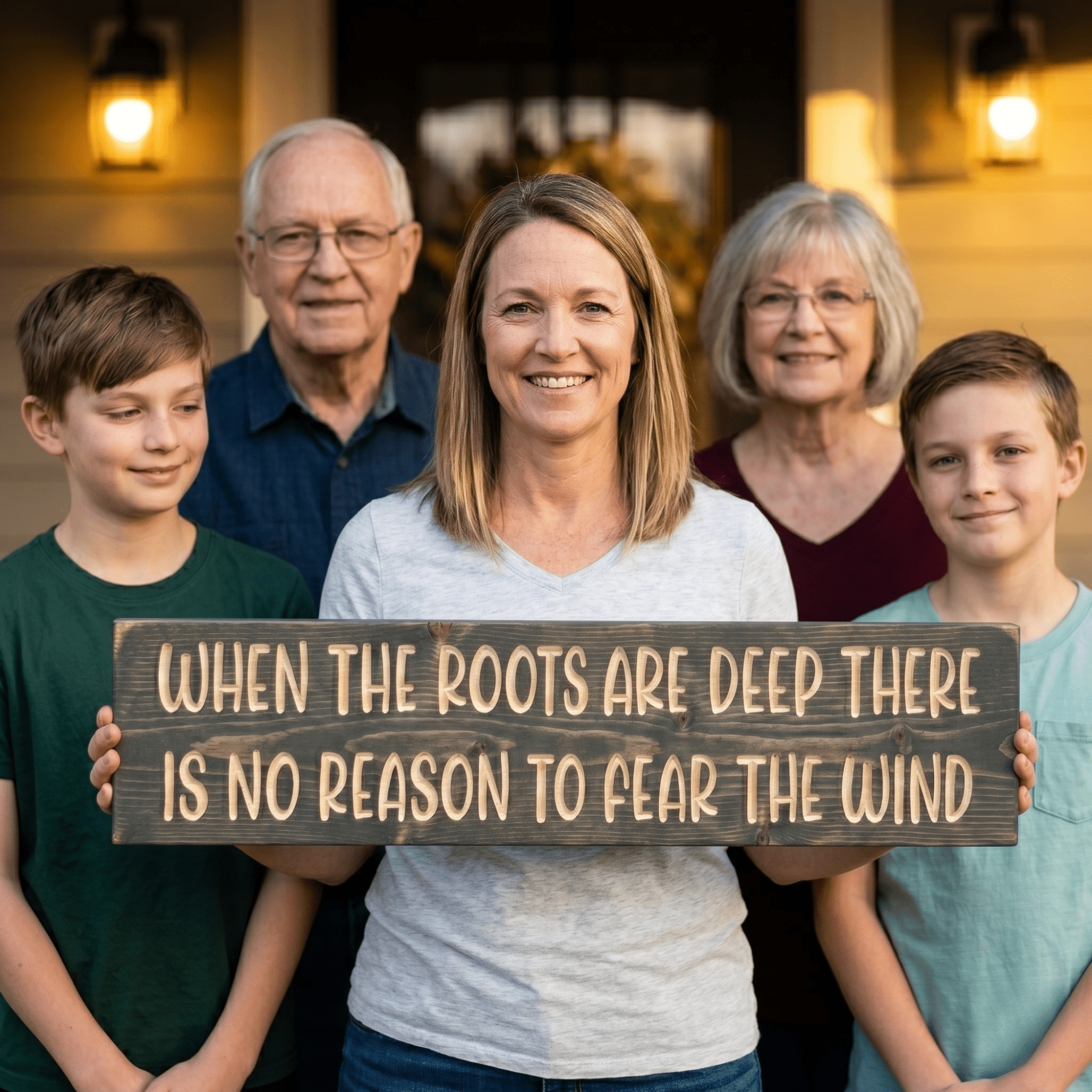 Three-generation family holding handmade When the Roots Are Deep inspirational wood sign on front porch — meaningful heirloom housewarming and graduation gift