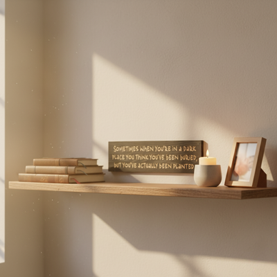 A small carved wood sign with an inspirational quote styled on a floating shelf next to books and a candle, serving as a tangible reminder for personal growth and mindfulness.