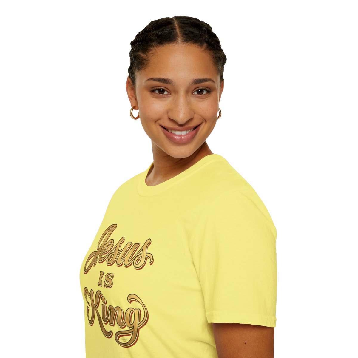Jesus Is King Shirt — Gold Leaf Script Christian Tee in Cornsilk