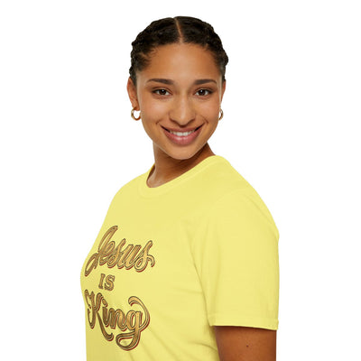 Jesus Is King Shirt — Gold Leaf Script Christian Tee in Cornsilk