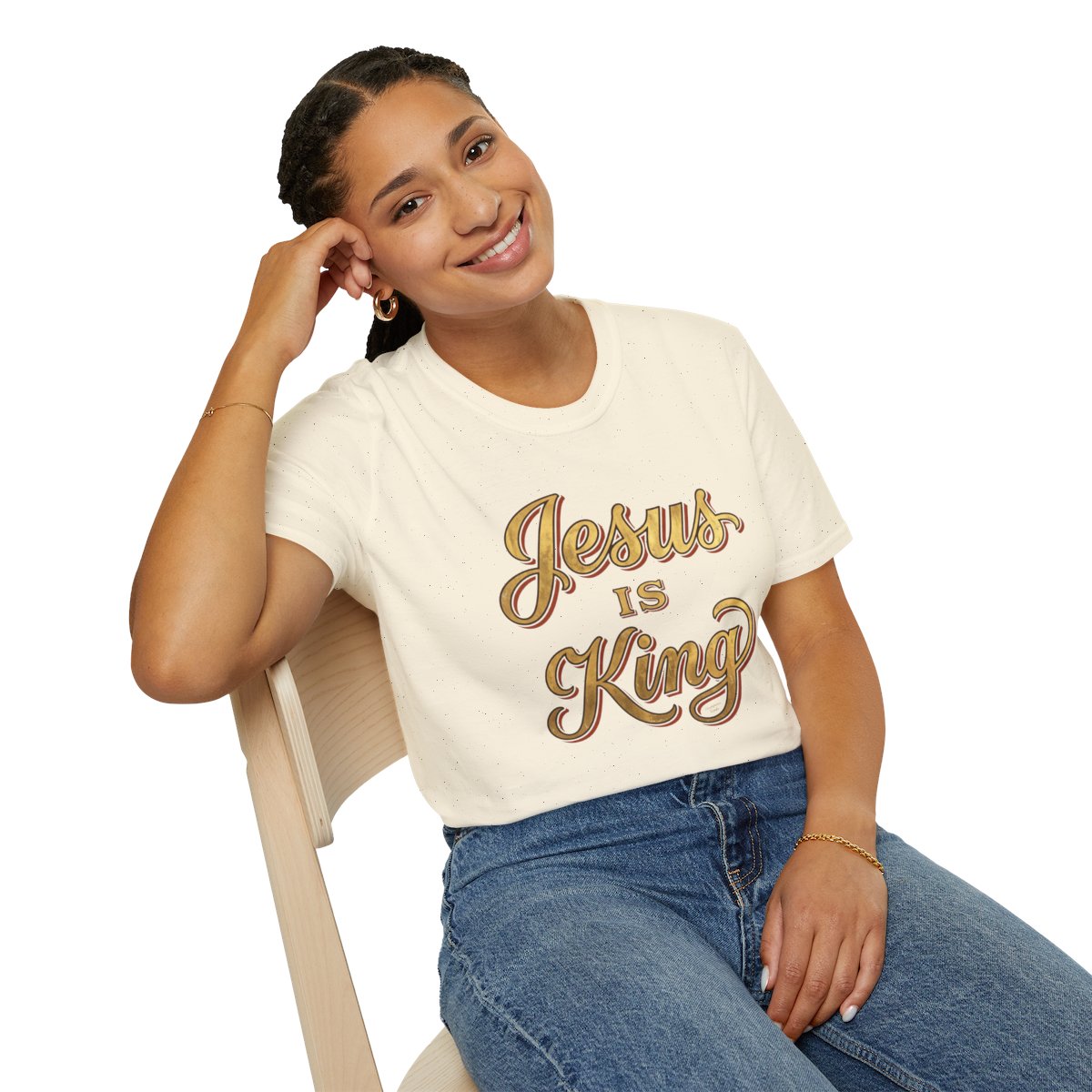 Jesus Is King Shirt — Gold Leaf Script Christian Tee in Natural