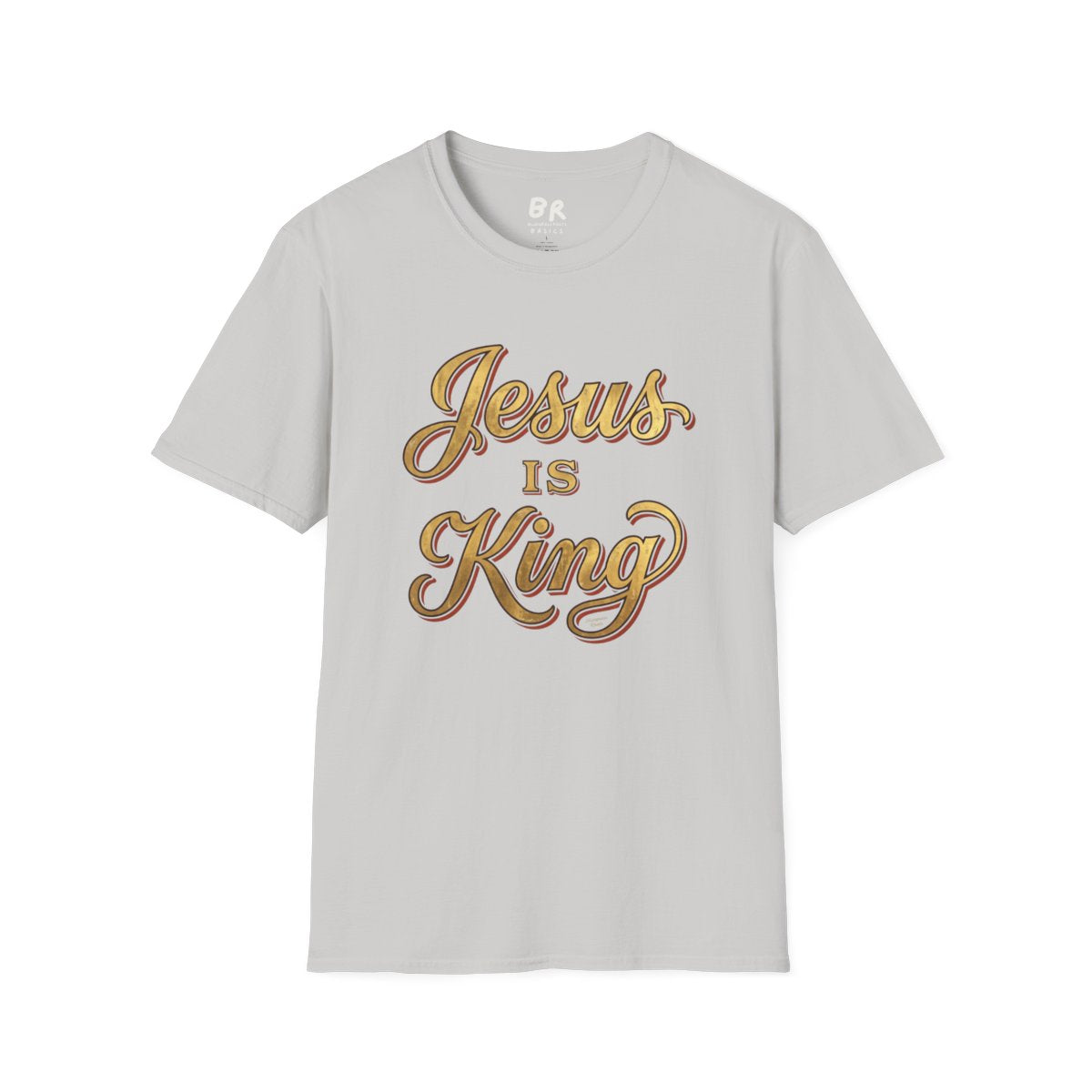 Jesus Is King Shirt — Gold Leaf Script Christian Tee in Ice Grey