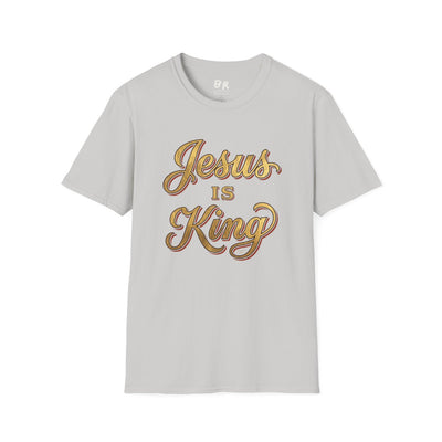 Jesus Is King Shirt — Gold Leaf Script Christian Tee in Ice Grey