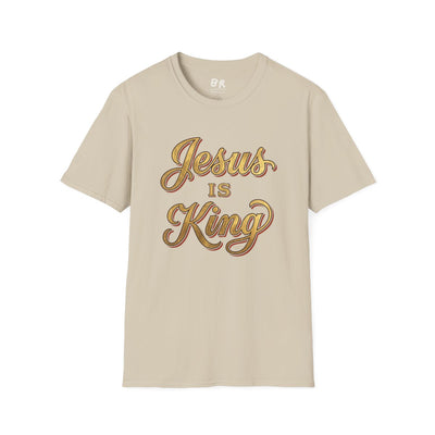 Jesus Is King Shirt — Gold Leaf Script Christian Tee in Sand