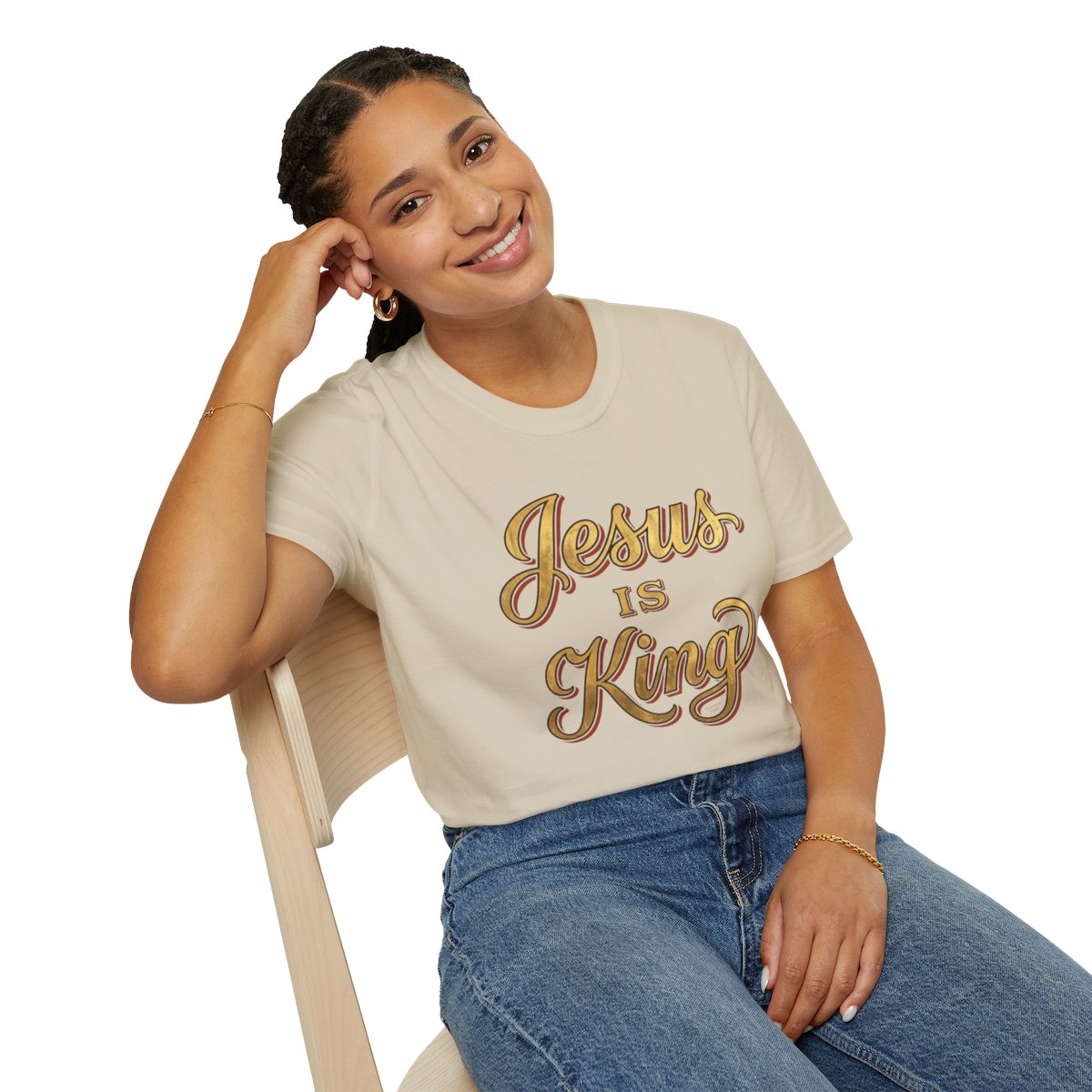Jesus Is King Shirt — Gold Leaf Script Christian Tee in Sand