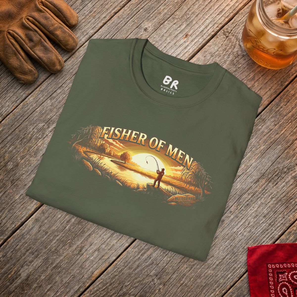 Jesus Shirt for Men — "Fisher of Men" Faith Graphic Tee in Military Green