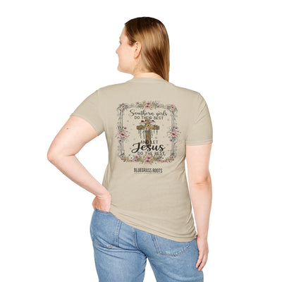 Jesus Shirt for Women — "Southern Girls & Jesus" Floral Tee in Sand