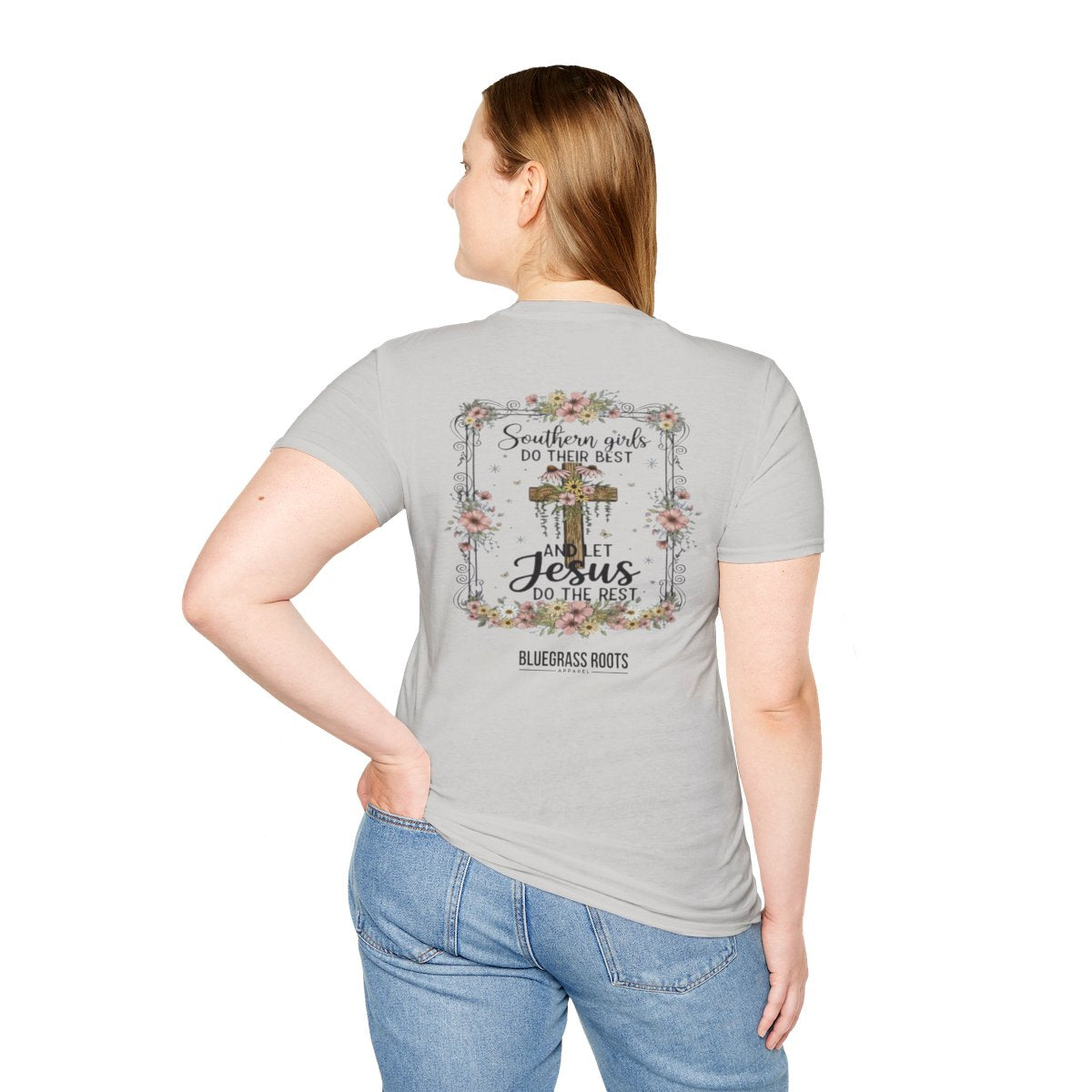 Jesus Shirt for Women — "Southern Girls & Jesus" Floral Tee in Ice Grey